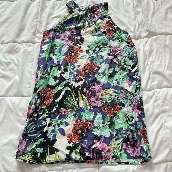 C&C California Womens S 100% Linen Sleeveless Dress Tropical Palm Floral Halter - Picture 5 of 7